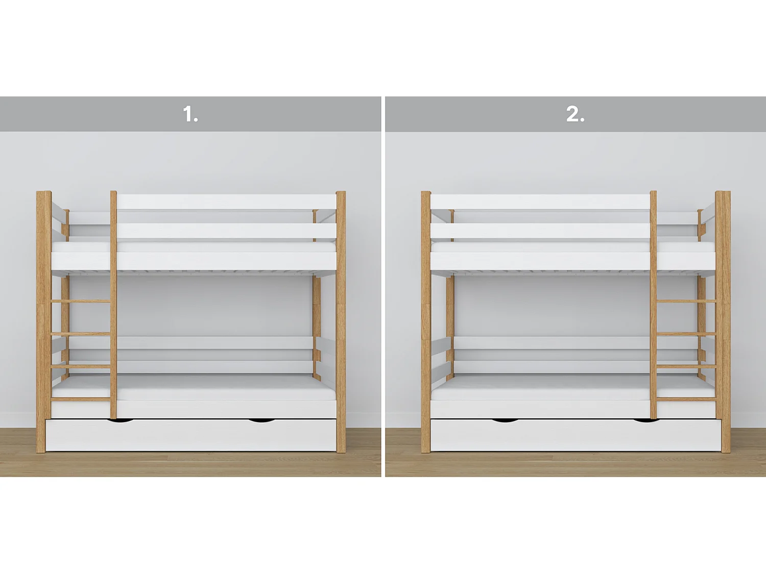 ETAGENBETT N01 mit Schublade Weiß / Eiche Natur 80x200
