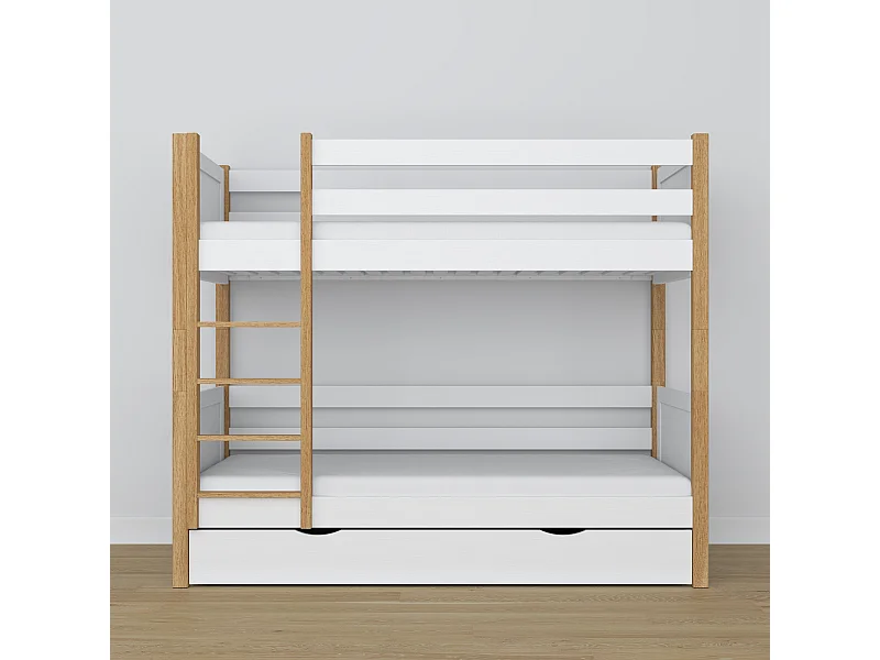 ETAGENBETT N02 mit Schublade Weiß / Eiche Natur 120x180