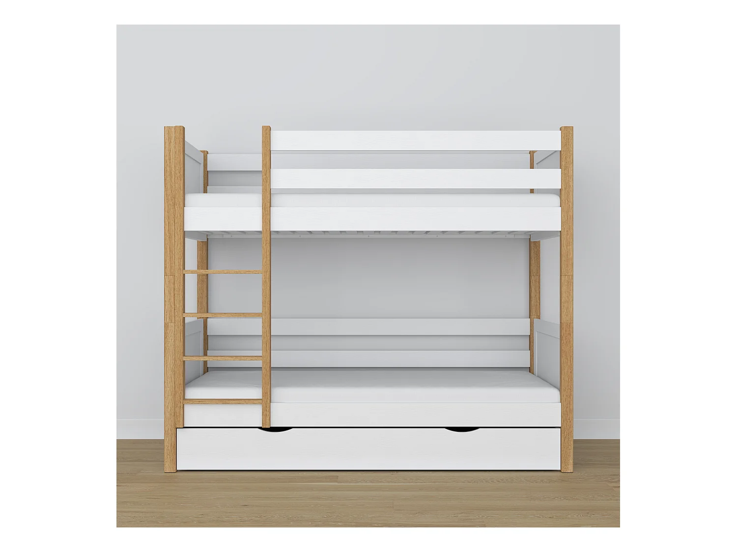 Lit superposé en bois - avec tiroir N02 Blanc / Chêne Naturel 120x190