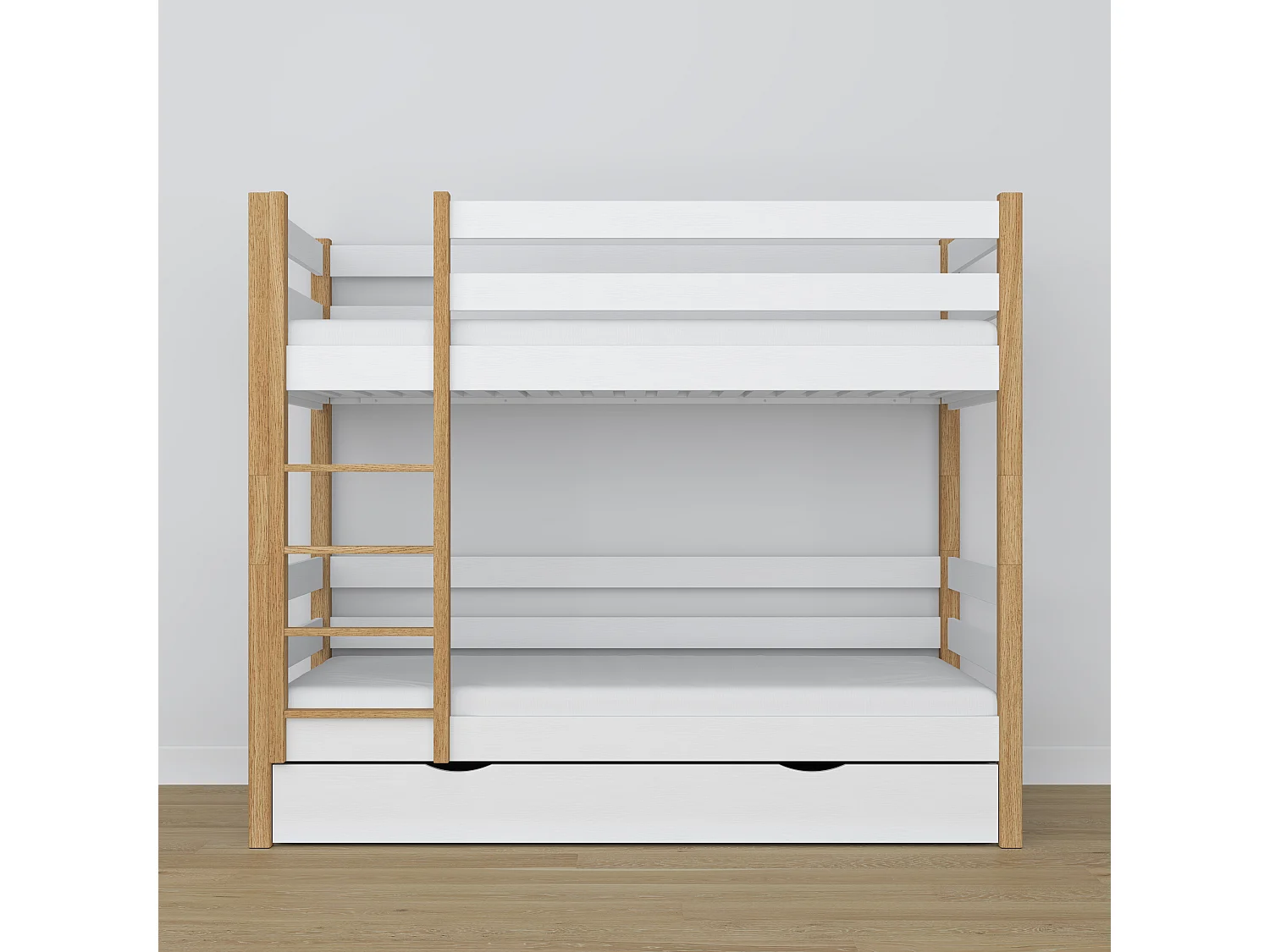 Lit superposé en bois - avec tiroir N01 Blanc / Chêne Naturel 120x180