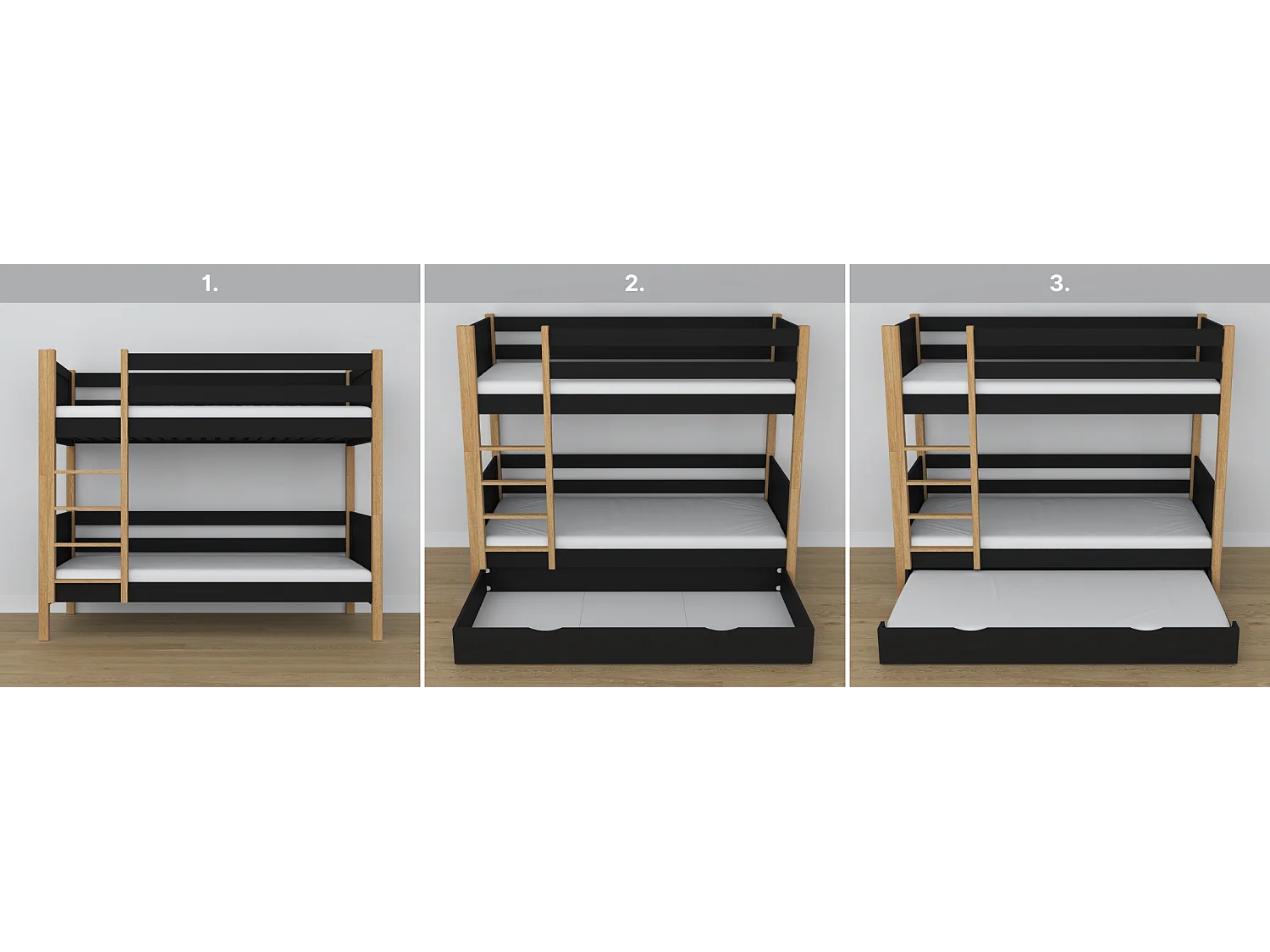 ETAGENBETT N02 mit Schublade Schwarz / Eiche Natur 90x190