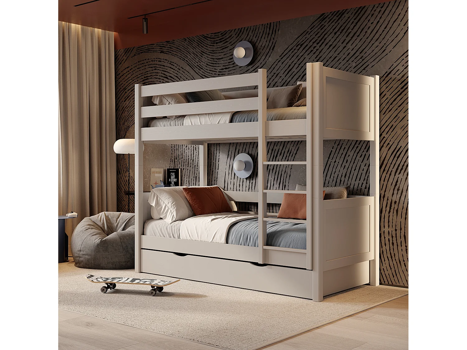 Lit superposé en bois - avec tiroir N02 Gris 100x180