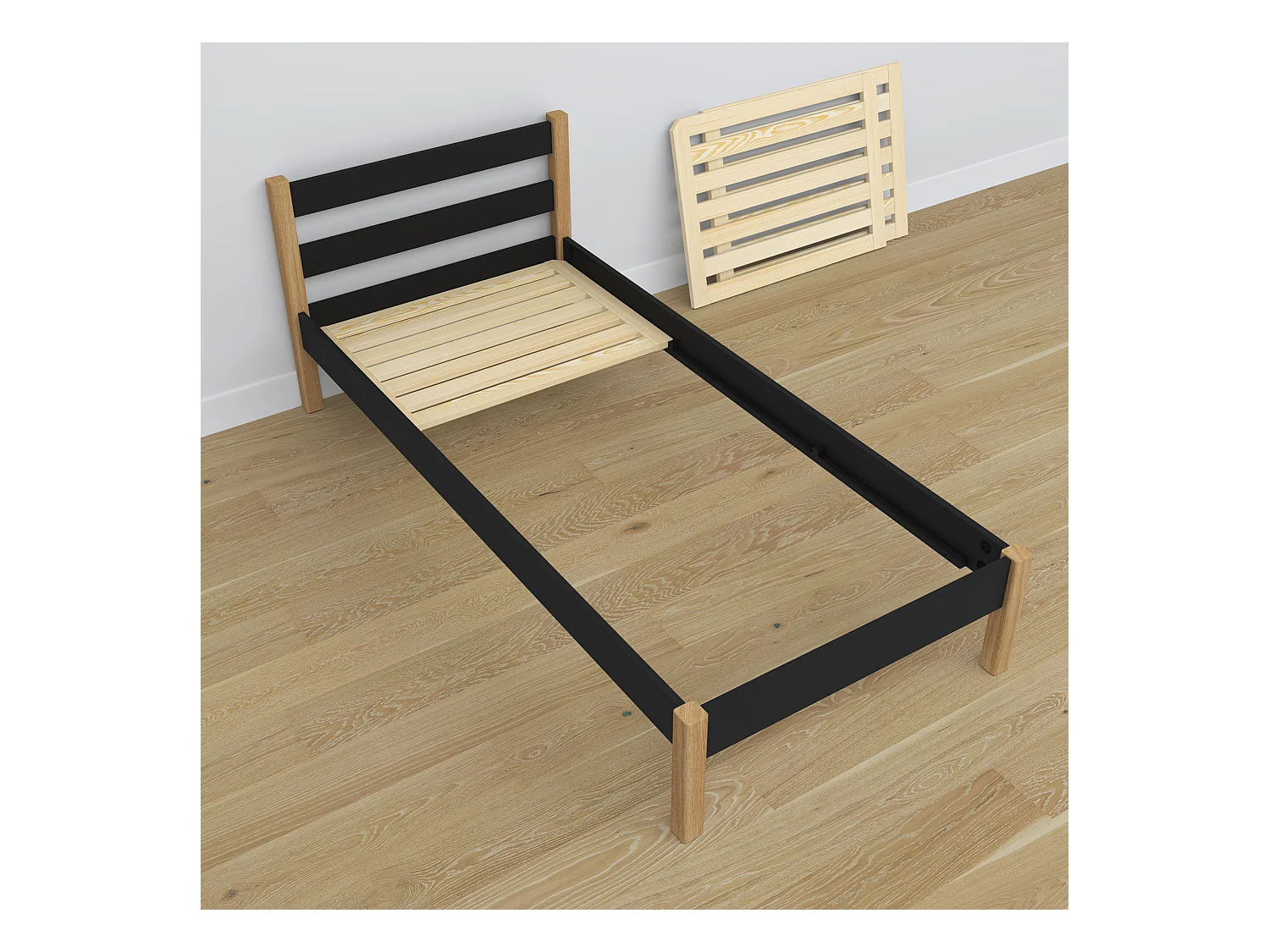 Lit simple en bois - avec tiroir N01 Noir / Chêne Naturel 80x200