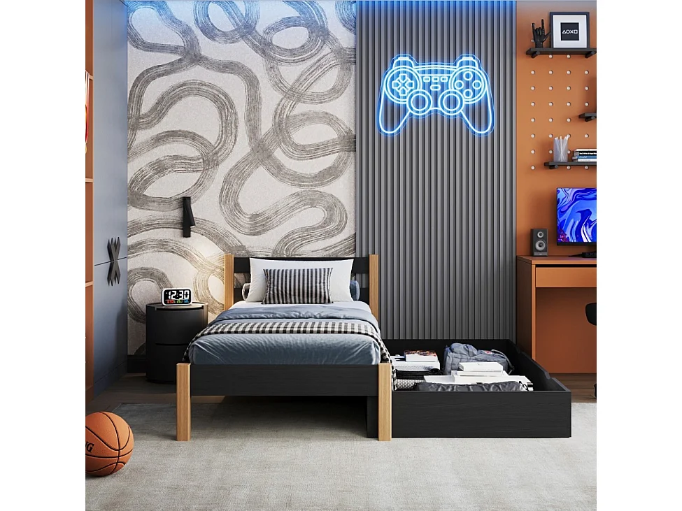 Lit simple en bois - avec tiroir N01 Noir / Chêne Naturel 80x200