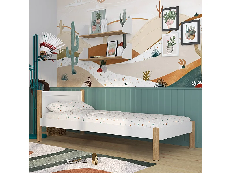 BETT N02 Weiß / Eiche Natur 100x180