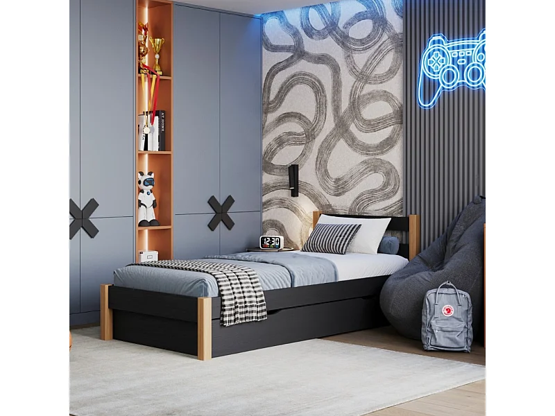 BETT mit Schublade N01 Schwarz / Eiche Natur 90x200