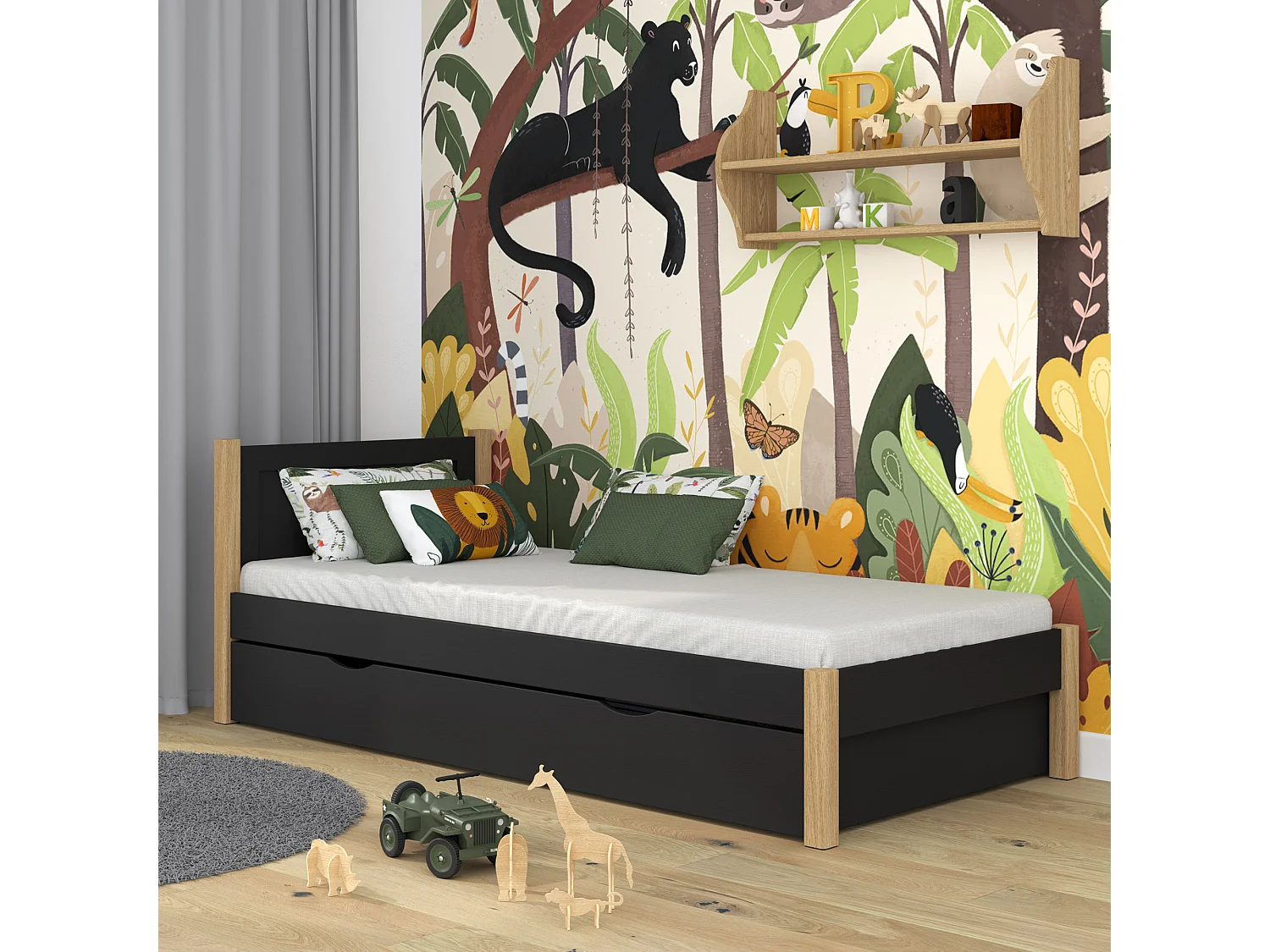 Lit simple en bois - avec tiroir N02 Noir / Chêne Naturel 100x190