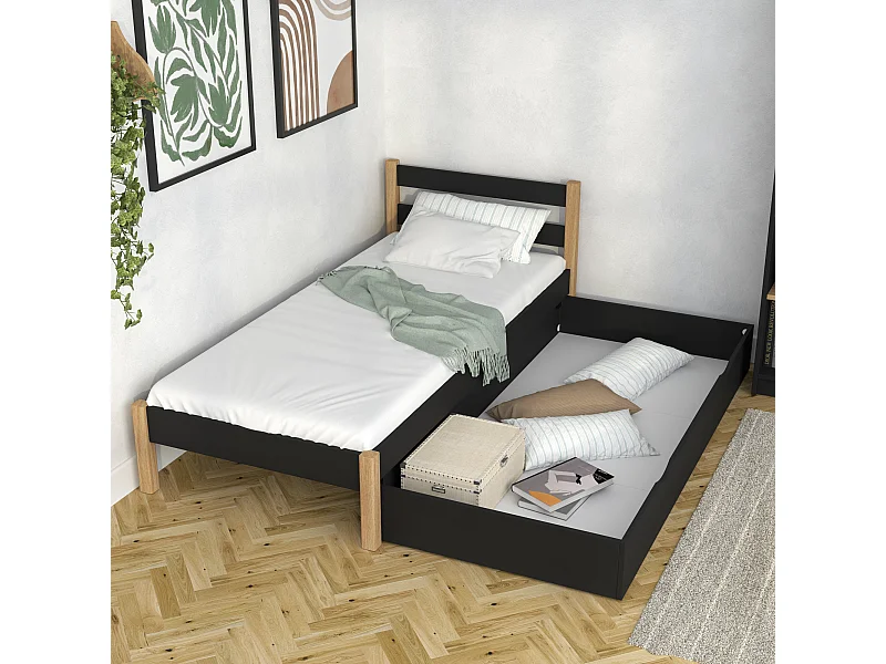 BETT mit Schublade N01 Schwarz / Eiche Natur 100x180