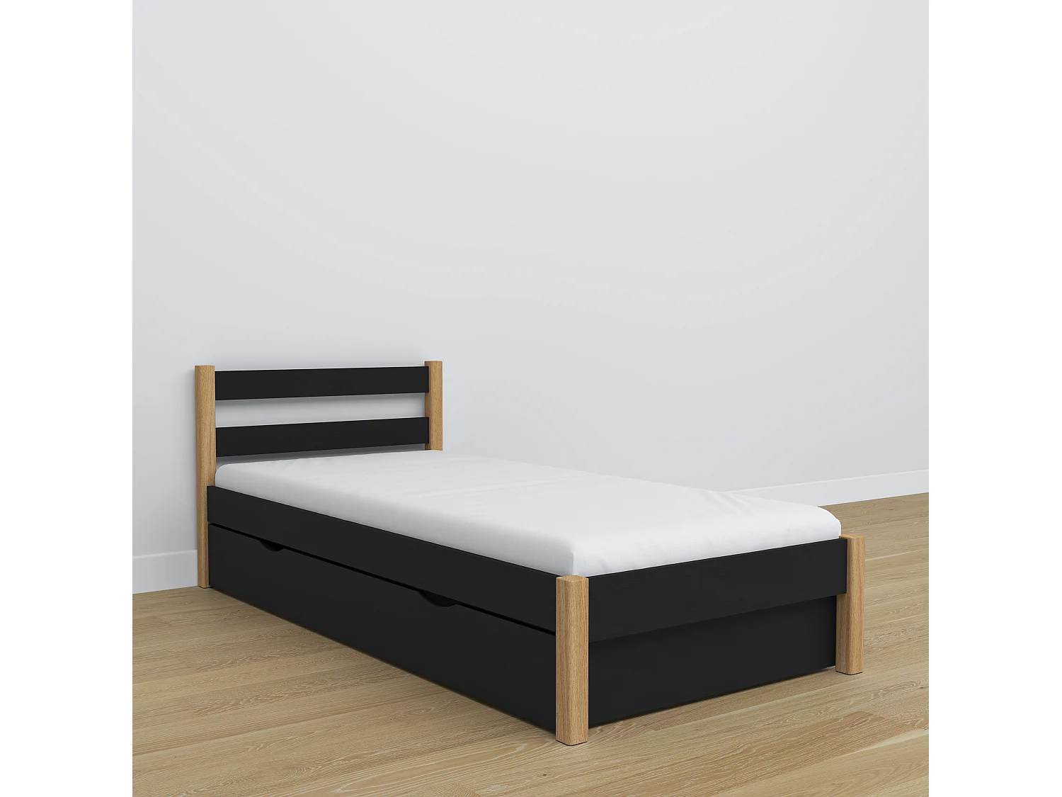 BETT mit Schublade N01 Schwarz / Eiche Natur 100x180