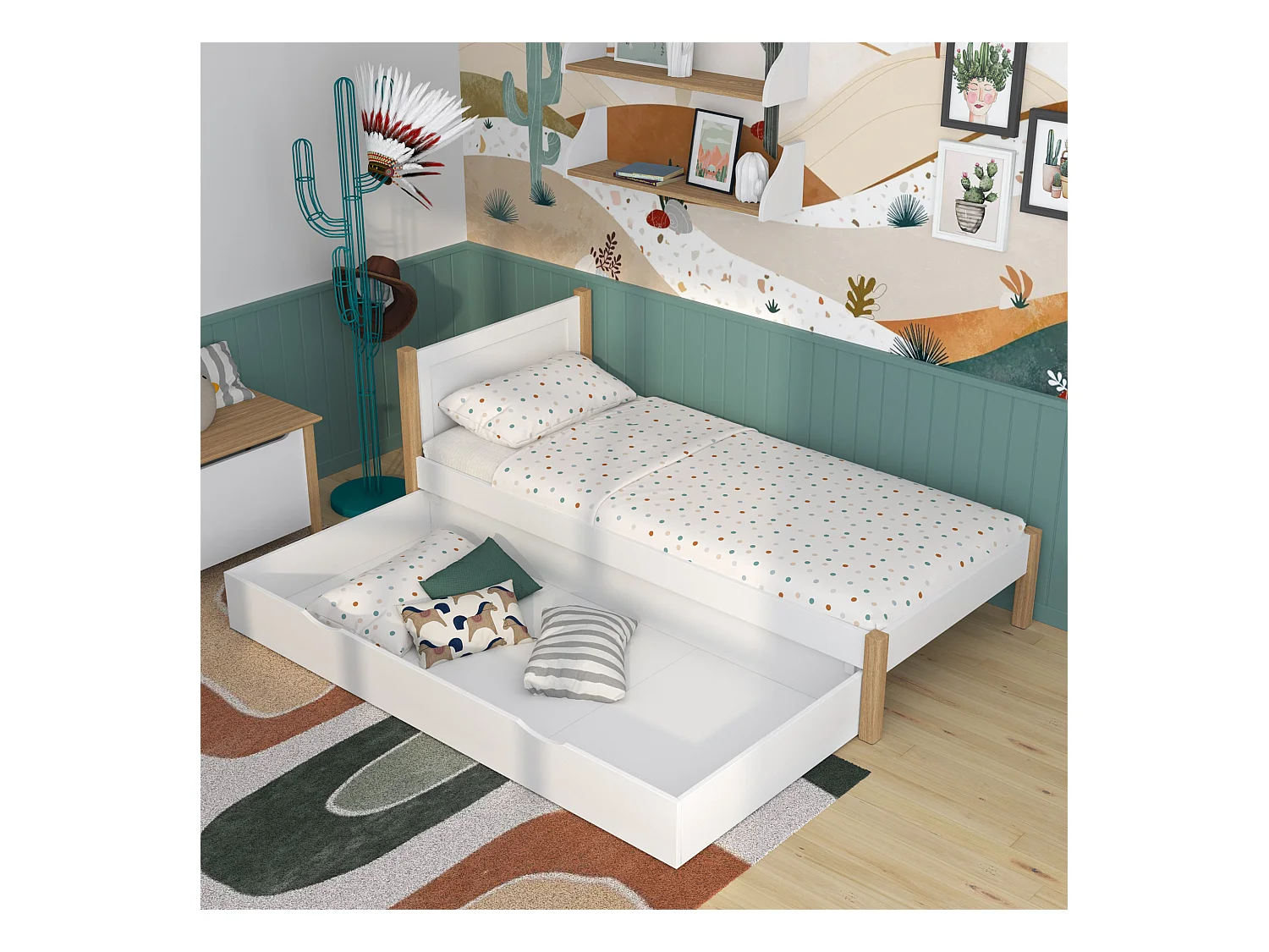 Lit simple en bois - avec tiroir N02 Blanc / Chêne Naturel 90x200