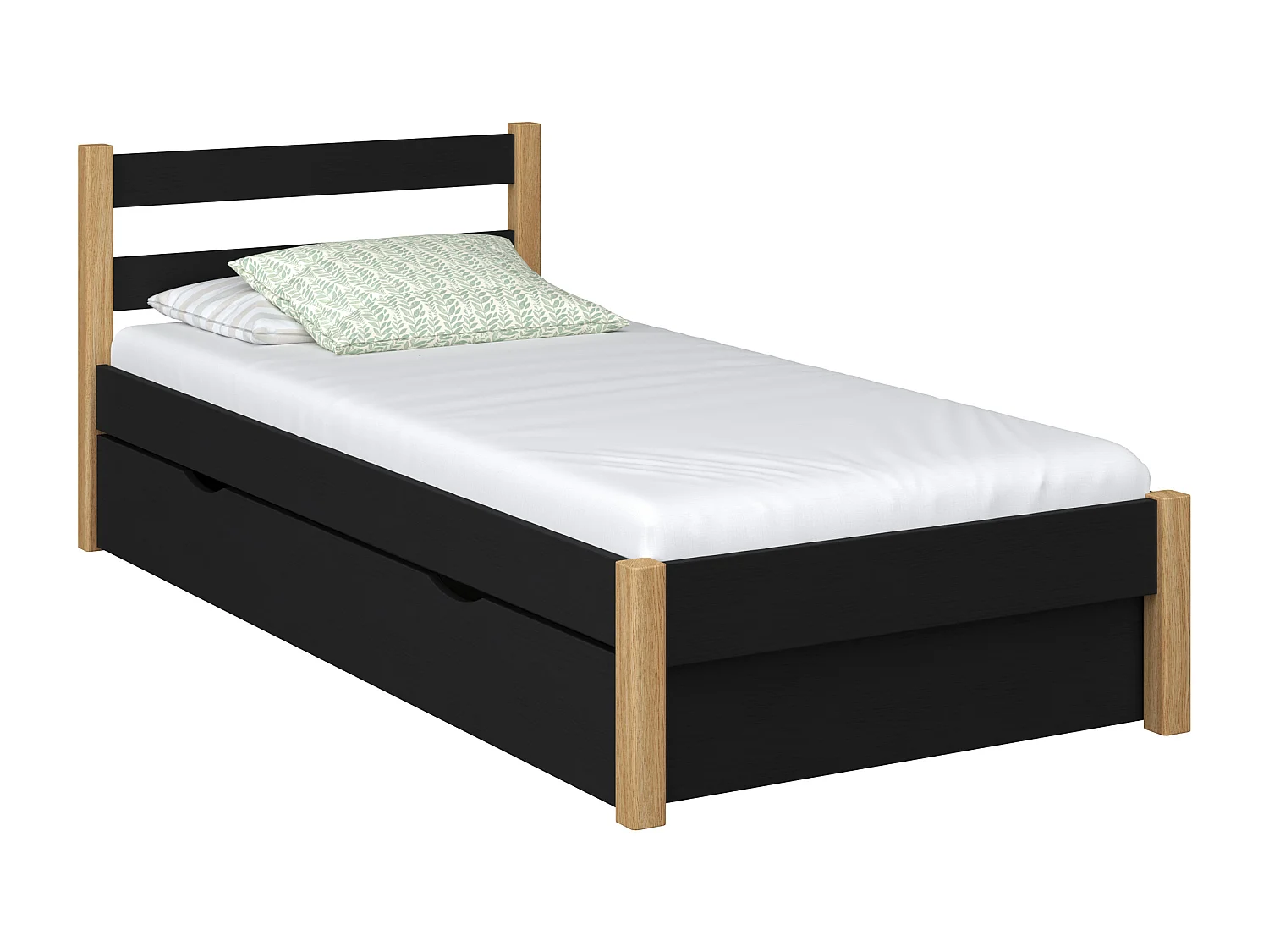 BETT mit Schublade N01 Schwarz / Eiche Natur 100x200