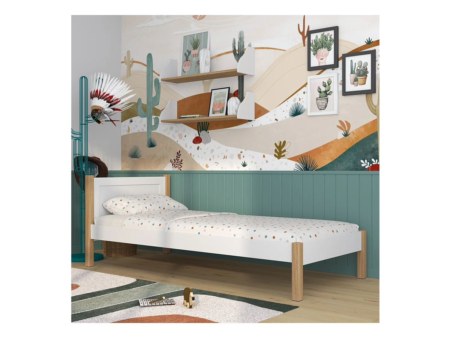 Lit simple en bois N02 Blanc / Chêne Naturel 80x180