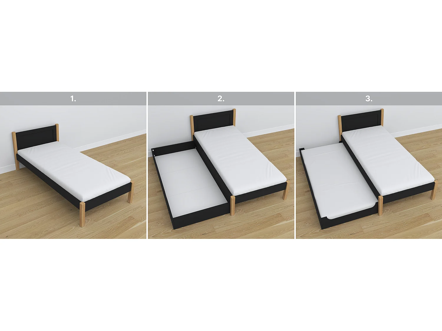 Lit simple en bois - avec tiroir N02 Noir / Chêne Naturel 90x190