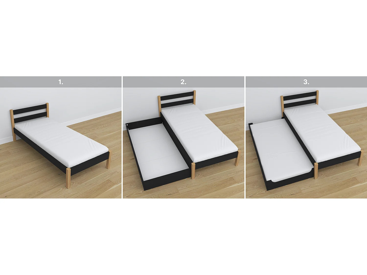 BETT mit Schublade N01 Schwarz / Eiche Natur 120x200