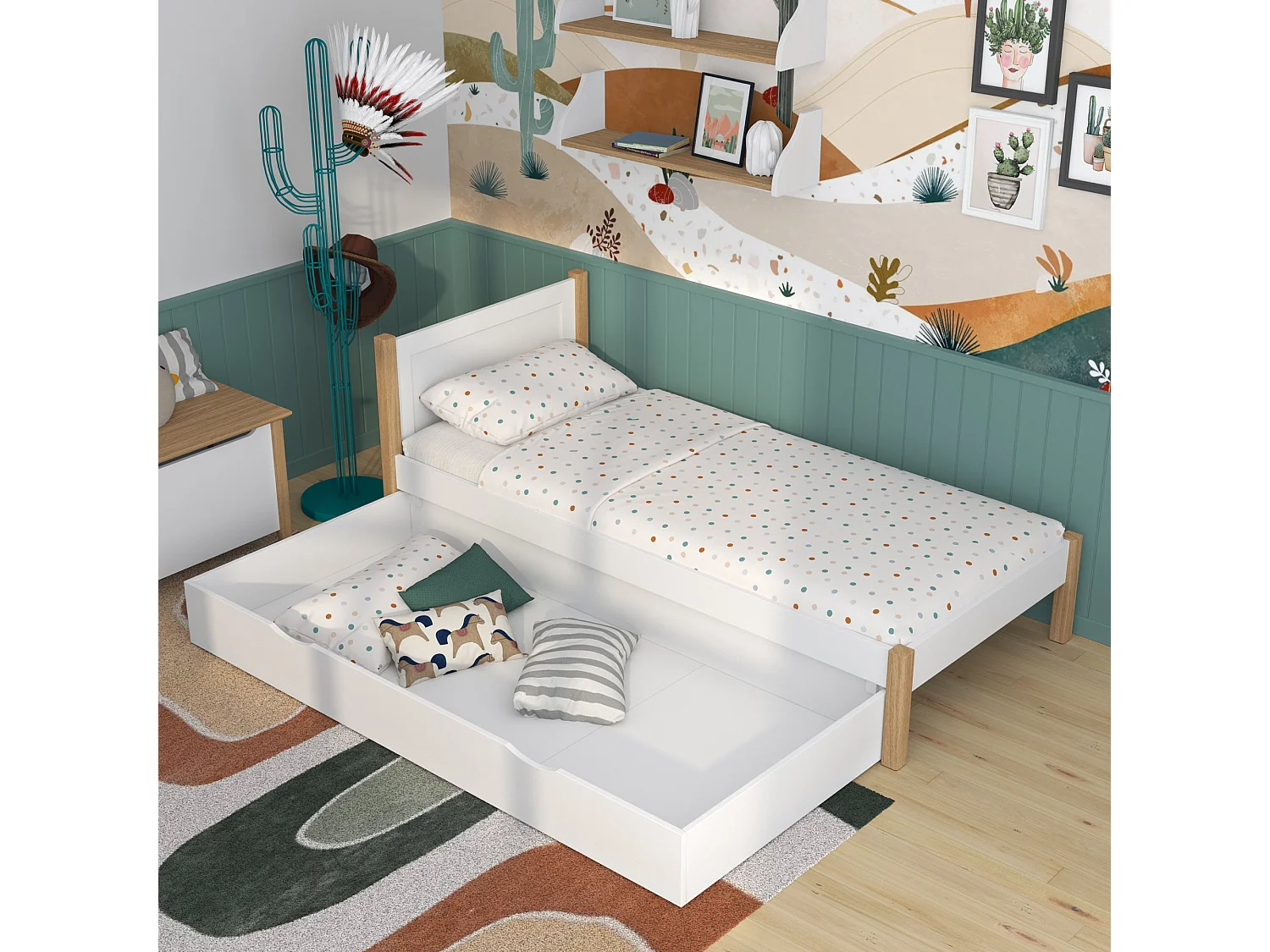 BETT mit Schublade N02 Weiß / Eiche Natur 90x190