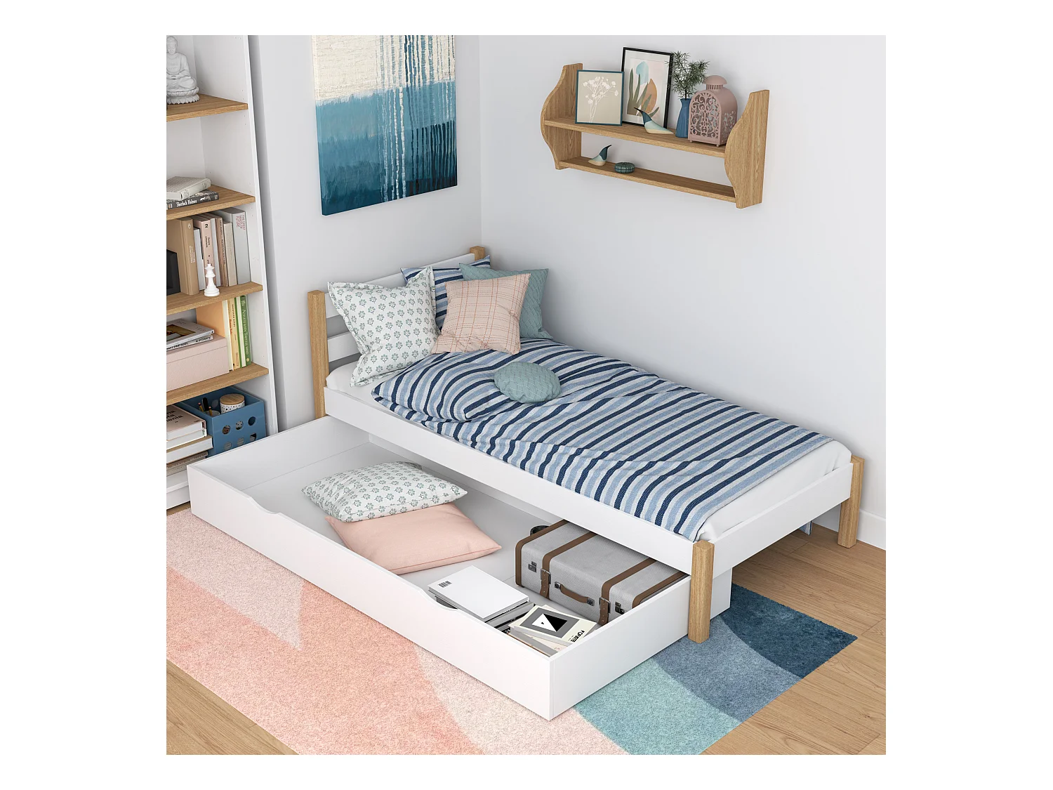 Lit simple en bois - avec tiroir N01 Blanc / Chêne Naturel 80x190