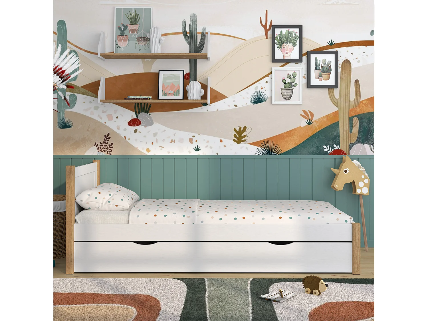 BETT mit Schublade N02 Weiß / Eiche Natur 120x190