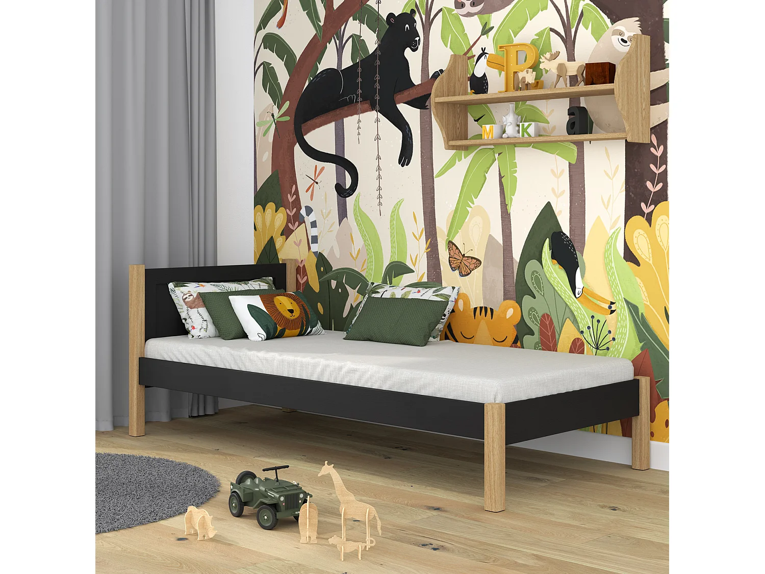 Lit simple en bois N02 Noir / Chêne Naturel 80x200