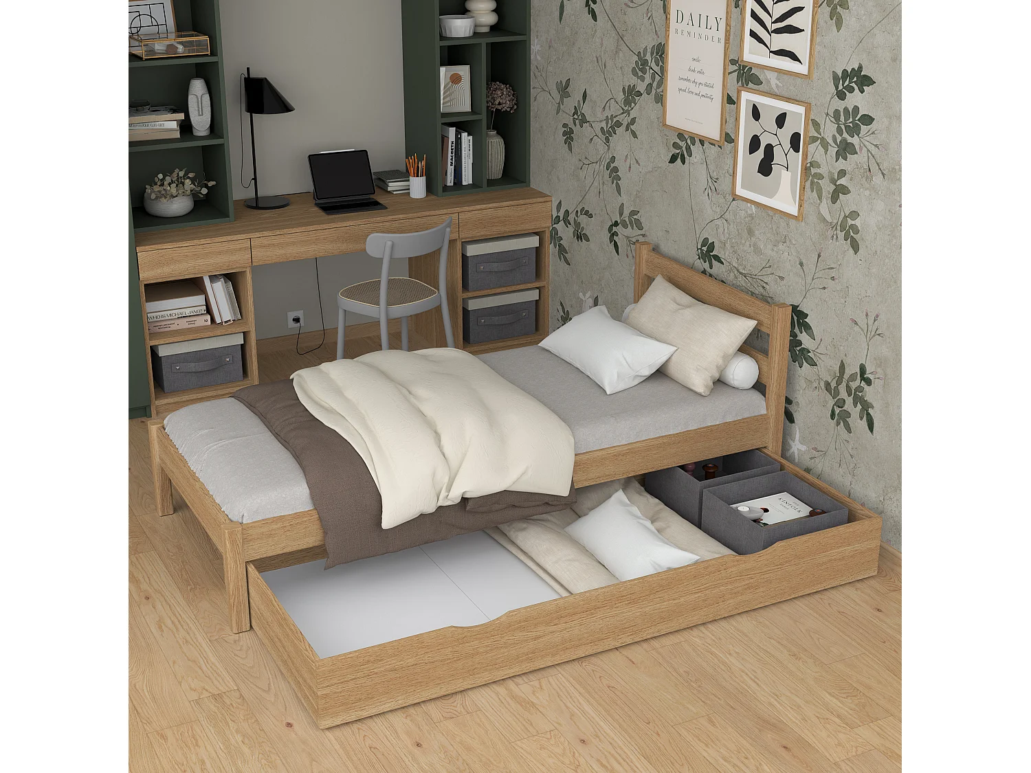 BETT mit Schublade N01 Eiche Natur 100x190