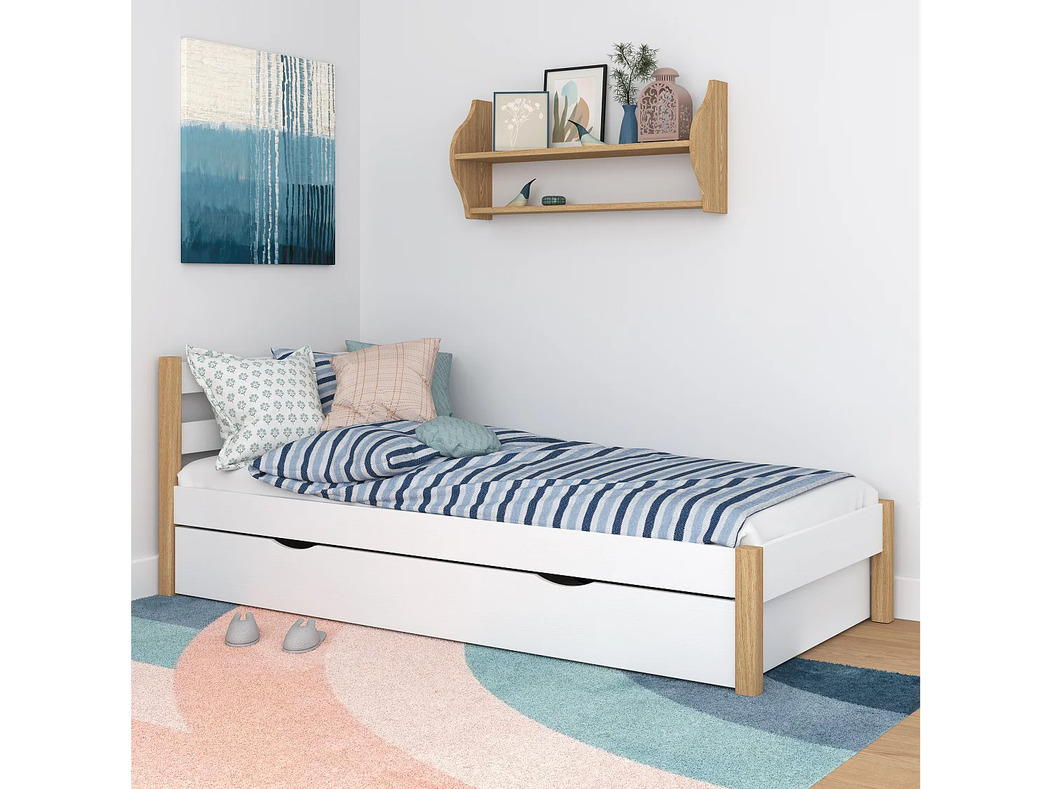 BETT mit Schublade N01 Weiß / Eiche Natur 100x200