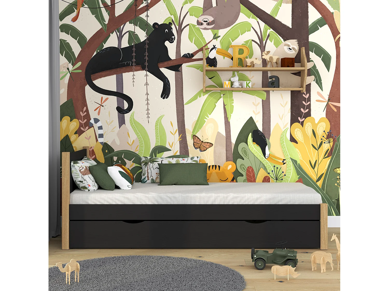 Lit simple en bois - avec tiroir N02 Noir / Chêne Naturel 90x200