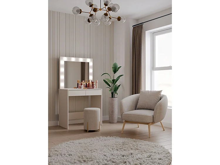 MARINA - Schminktisch mit Spiegel + LED-Beleuchtung - 2 Schubladen - Abmessungen 81x50x80 cm