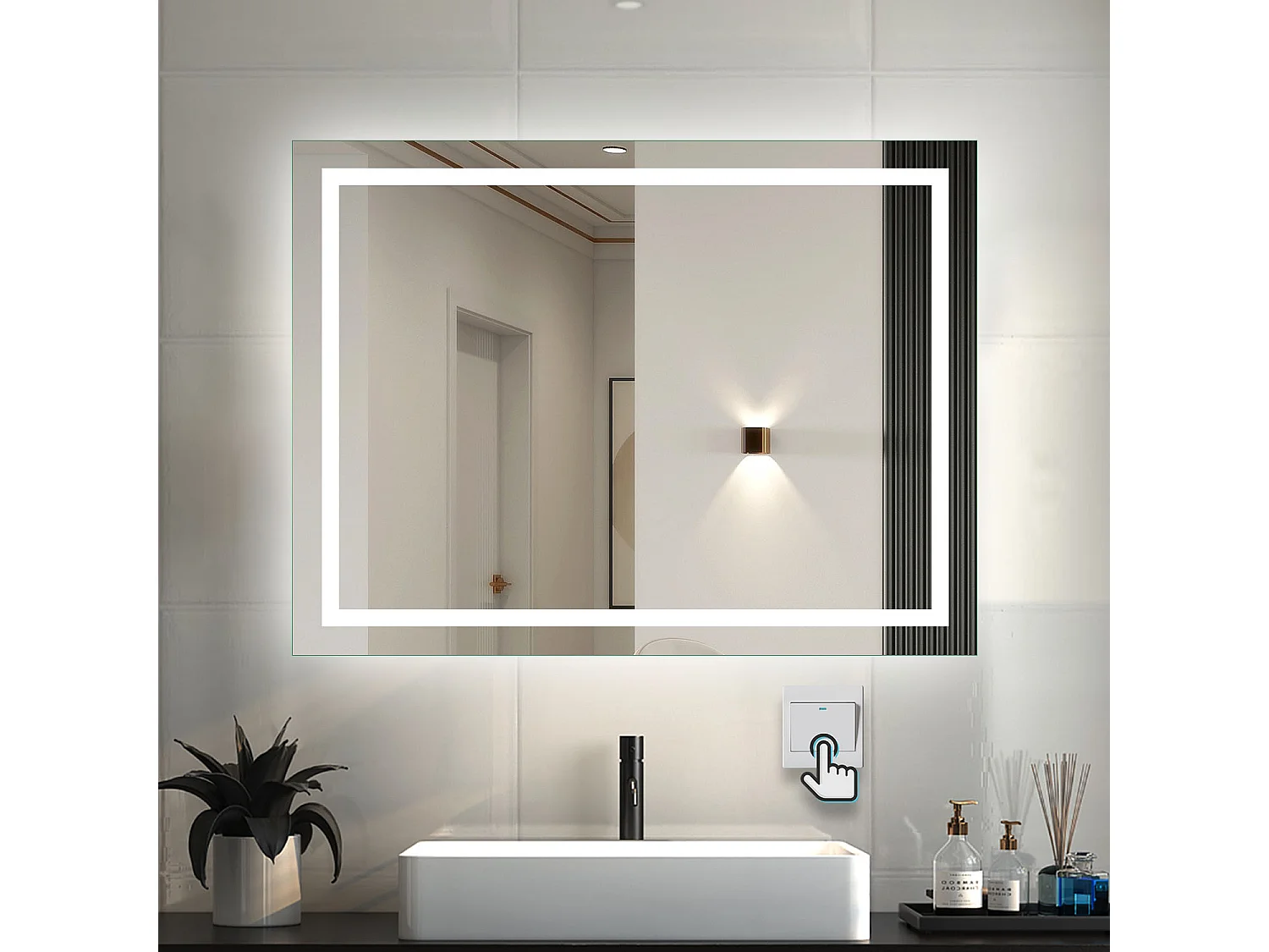 AICA Badspiegel mit LED-Beleuchtung 100x80cm Wandschalter Beschlagfrei Kaltweiß - PALMAR