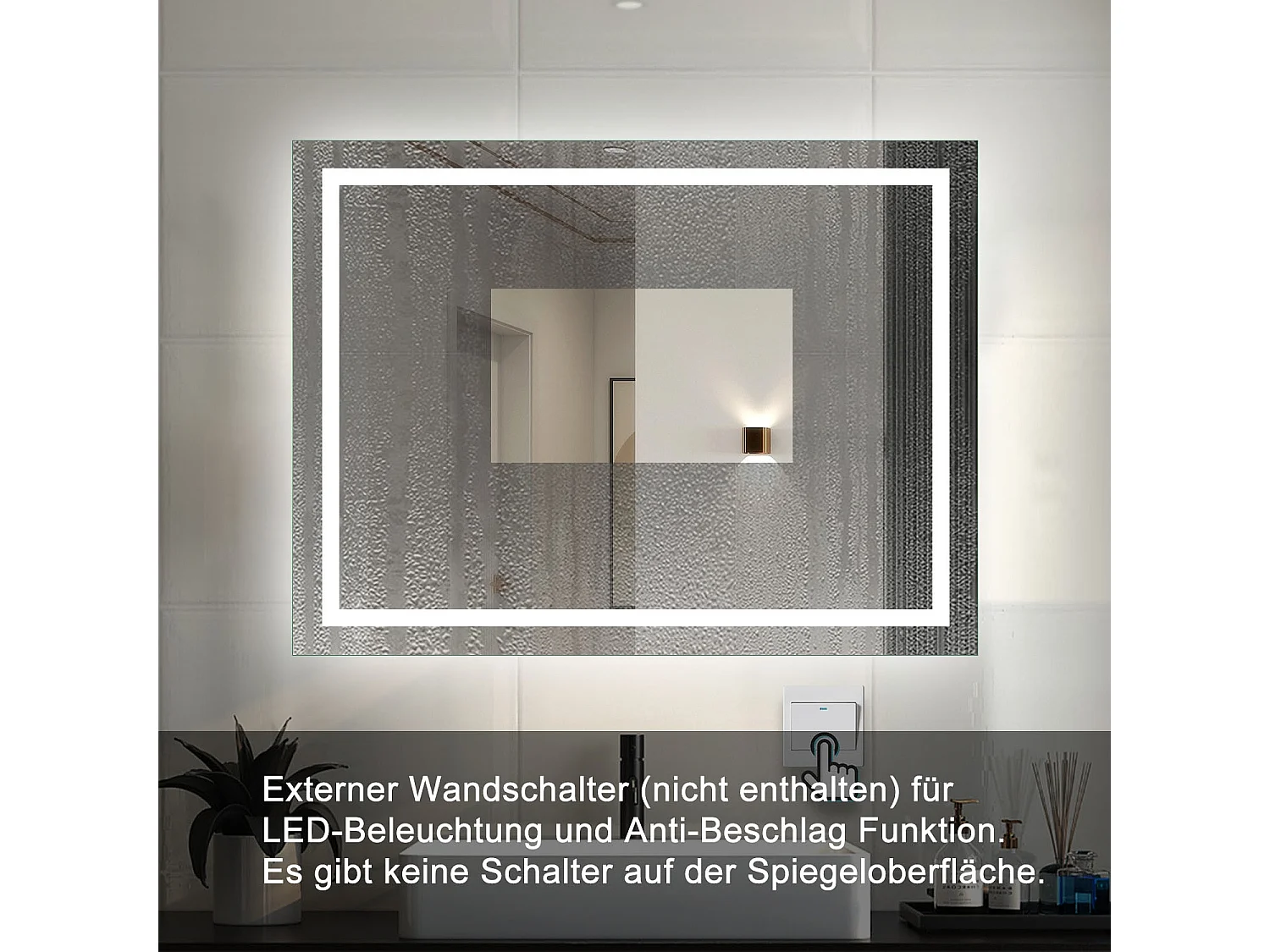 AICA Badspiegel mit LED-Beleuchtung 120x70cm Wandschalter Beschlagfrei Kaltweiß - PALMAR