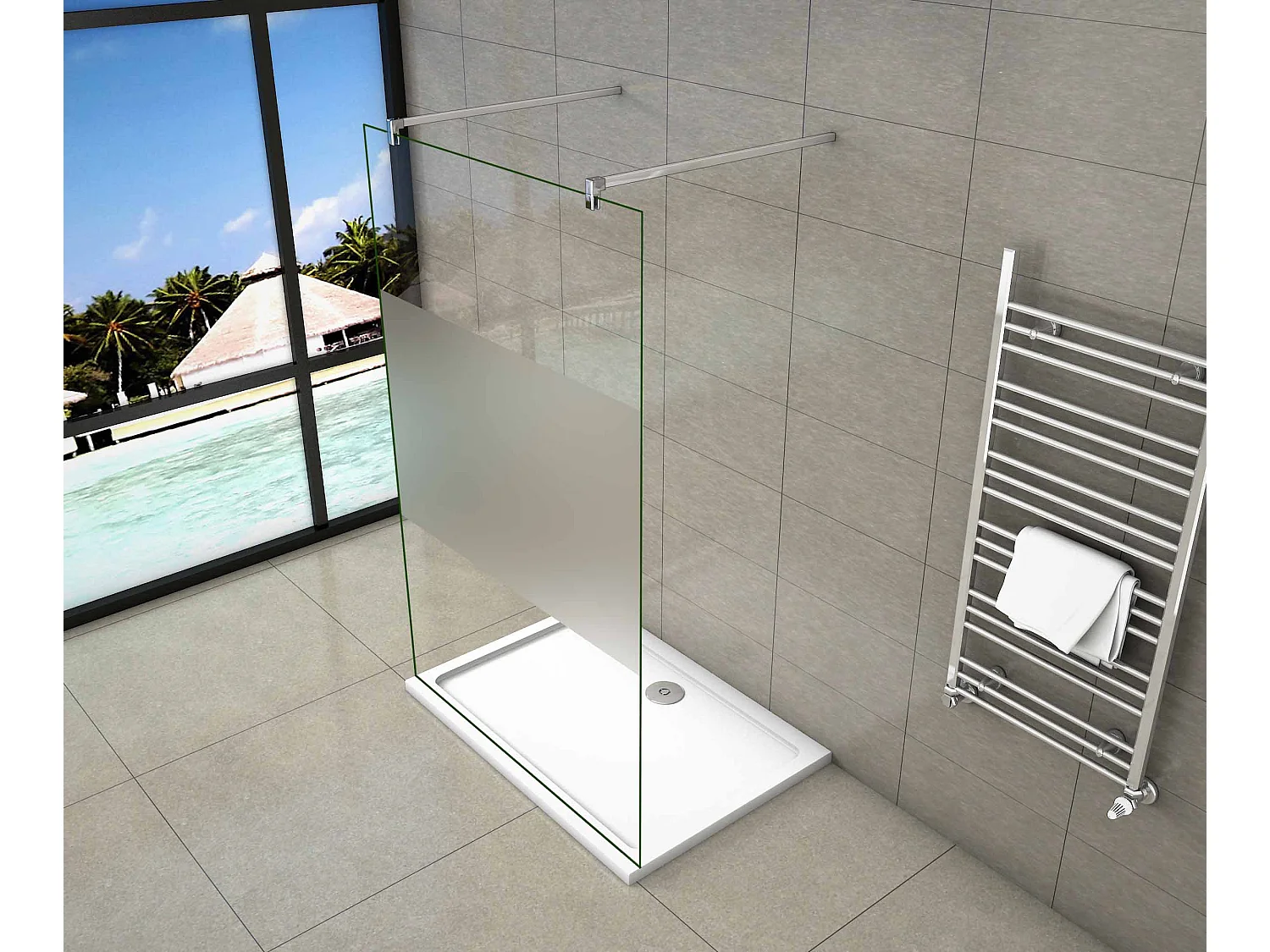 Walk In 8mm Nano ESG Milchglasstreifen Duschabtrennung + F Form:140cm Stabilisatorx2 77.7x200cm