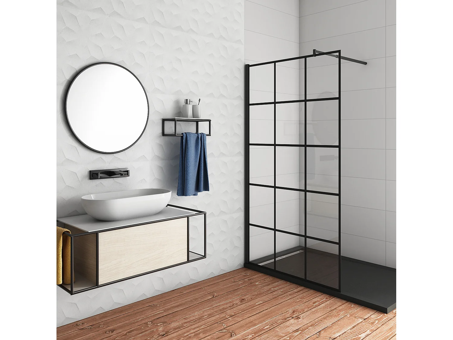 Schwarze Gittermuster FormDuschabtrennung 8mm Nano ESG Duschwand Duschabtrennung + 70-120cm Stabilisator 100x200cm