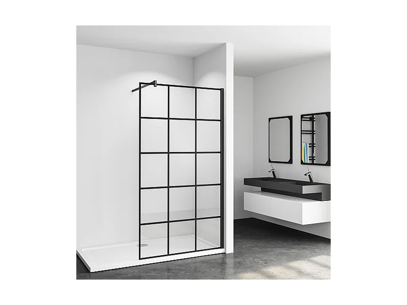 Schwarze Gittermuster FormDuschabtrennung 8mm Nano ESG Duschwand Duschabtrennung + F Form:140cm Stabilisator 80x200cm