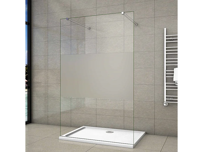 Walk In 10mm Nano ESG Milchglasstreifen Duschabtrennung + 73-120cm Stabilisatorx2 87.7x200cm
