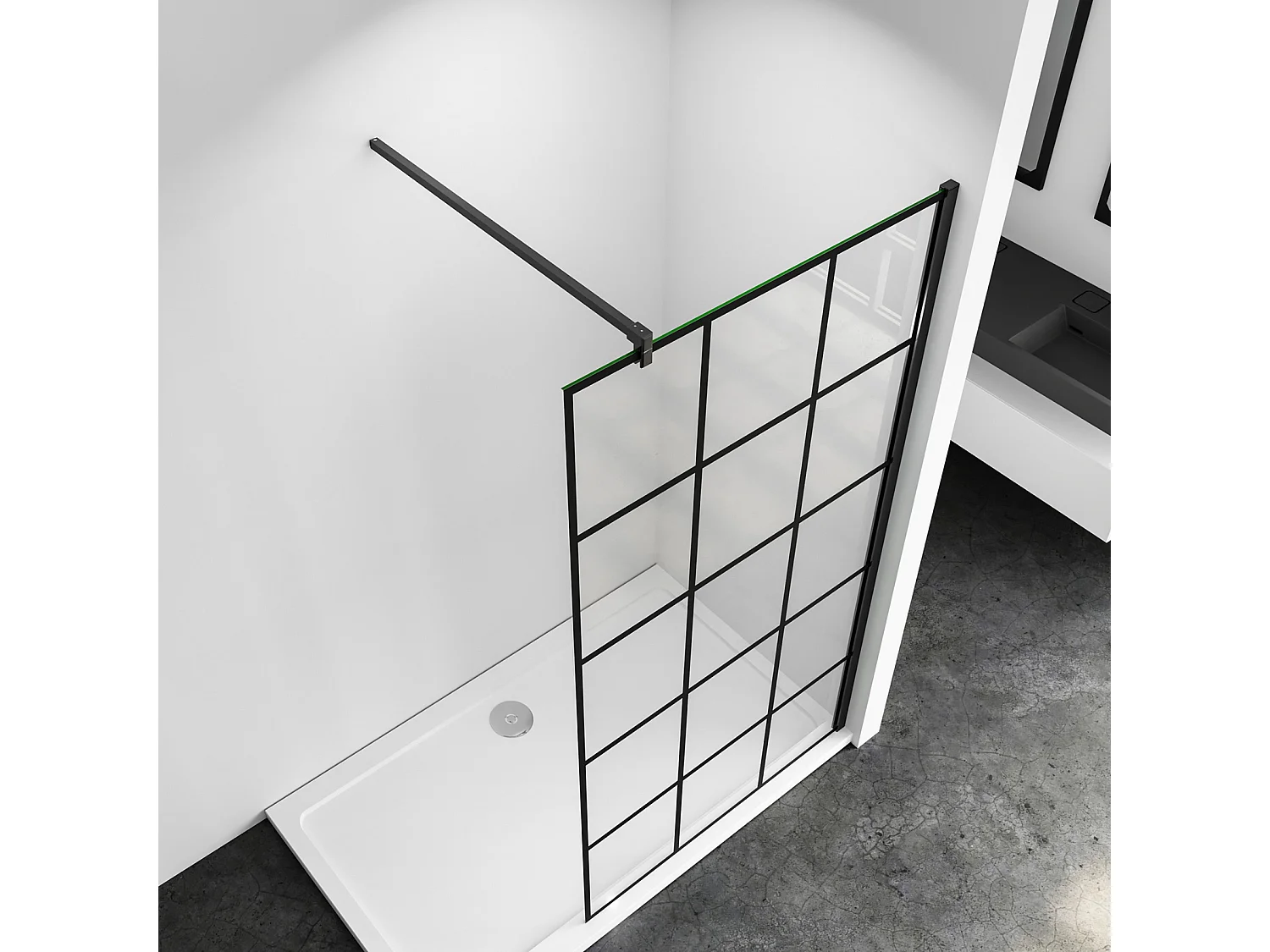 Schwarze Gittermuster FormDuschabtrennung 8mm Nano ESG Duschwand Duschabtrennung + F Form:90cm Stabilisator 140x200cm