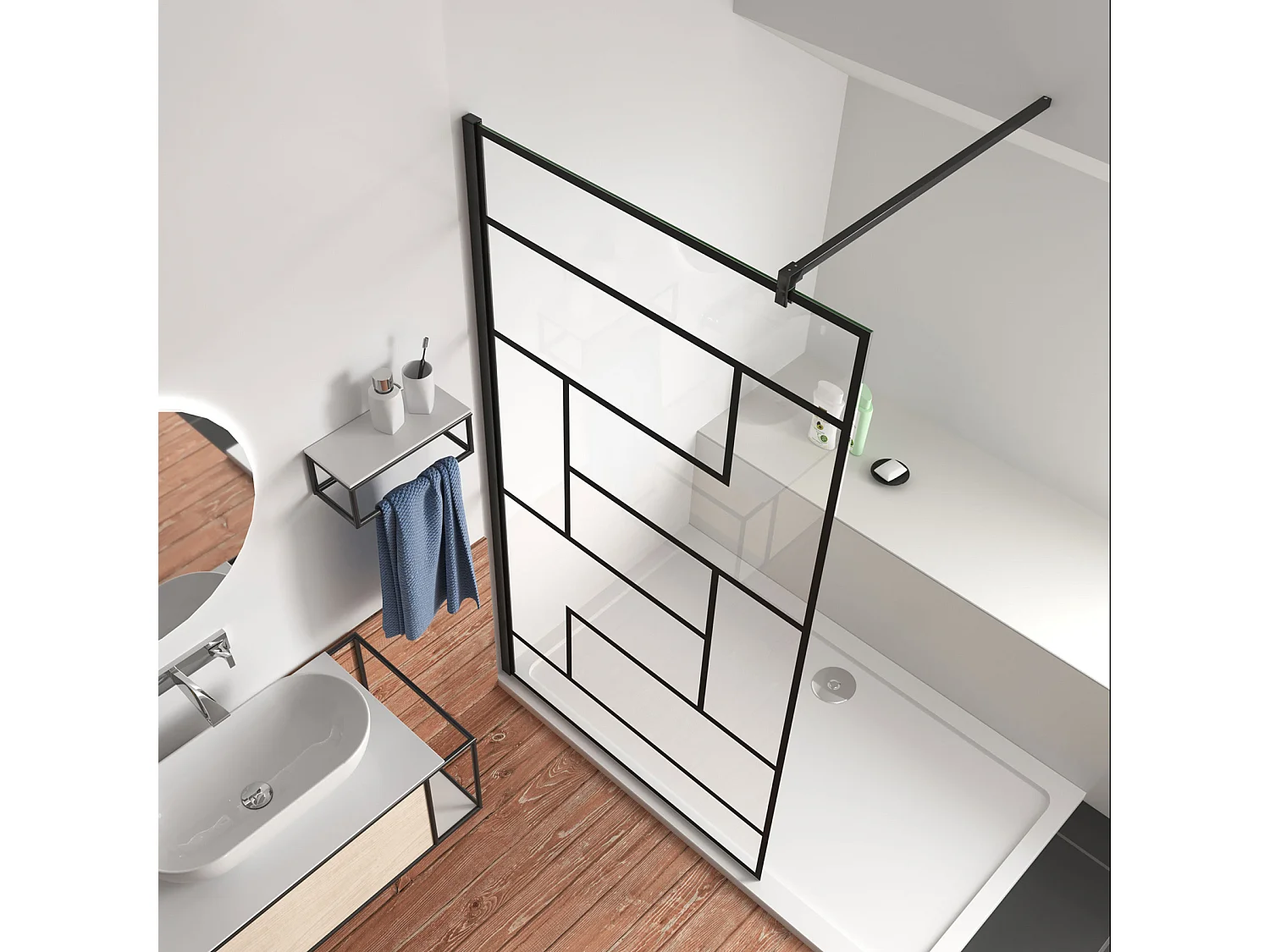 Schwarze unregelmäßige FormDuschabtrennung 8mm Nano ESG Duschwand Duschabtrennung + F Form:90cm Stabilisator 90x200cm