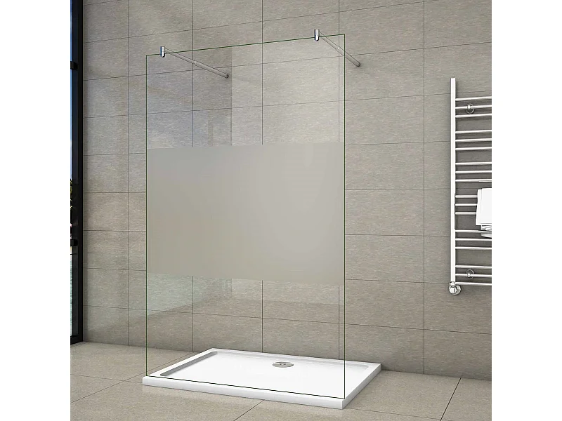 Walk In 8mm Nano ESG Milchglasstreifen Duschabtrennung + 70-120cm Stabilisatorx2 87.7x200cm
