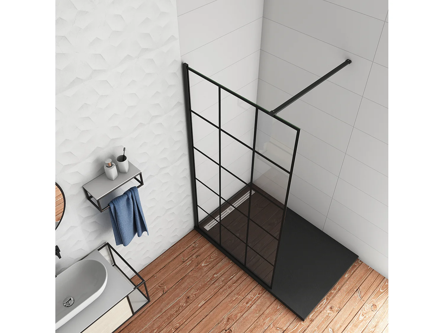 Schwarze Gittermuster FormDuschabtrennung 8mm Nano ESG Duschwand Duschabtrennung + N Form:140cm Stabilisator 140x200cm