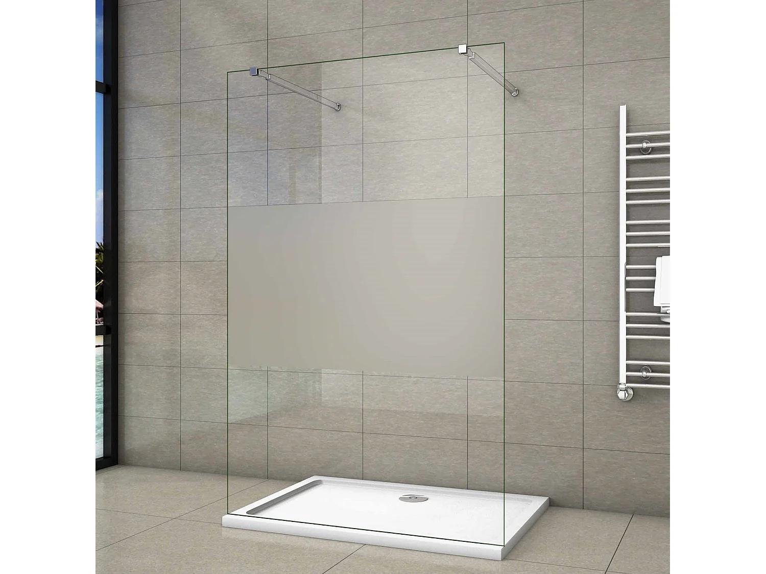 Walk In 10mm Nano ESG Milchglasstreifen Duschabtrennung + 73-120cm Stabilisatorx2 77.7x200cm