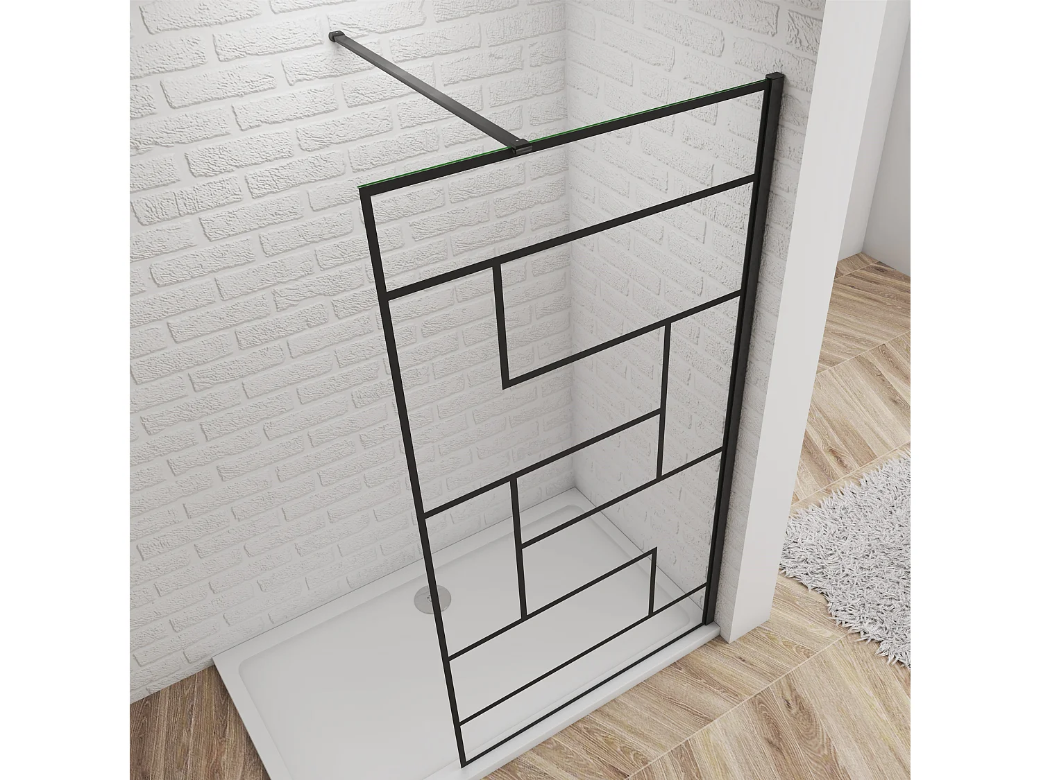 Schwarze unregelmäßige FormDuschabtrennung 8mm Nano ESG Duschwand Duschabtrennung + N Form:90cm Stabilisator 70x200cm