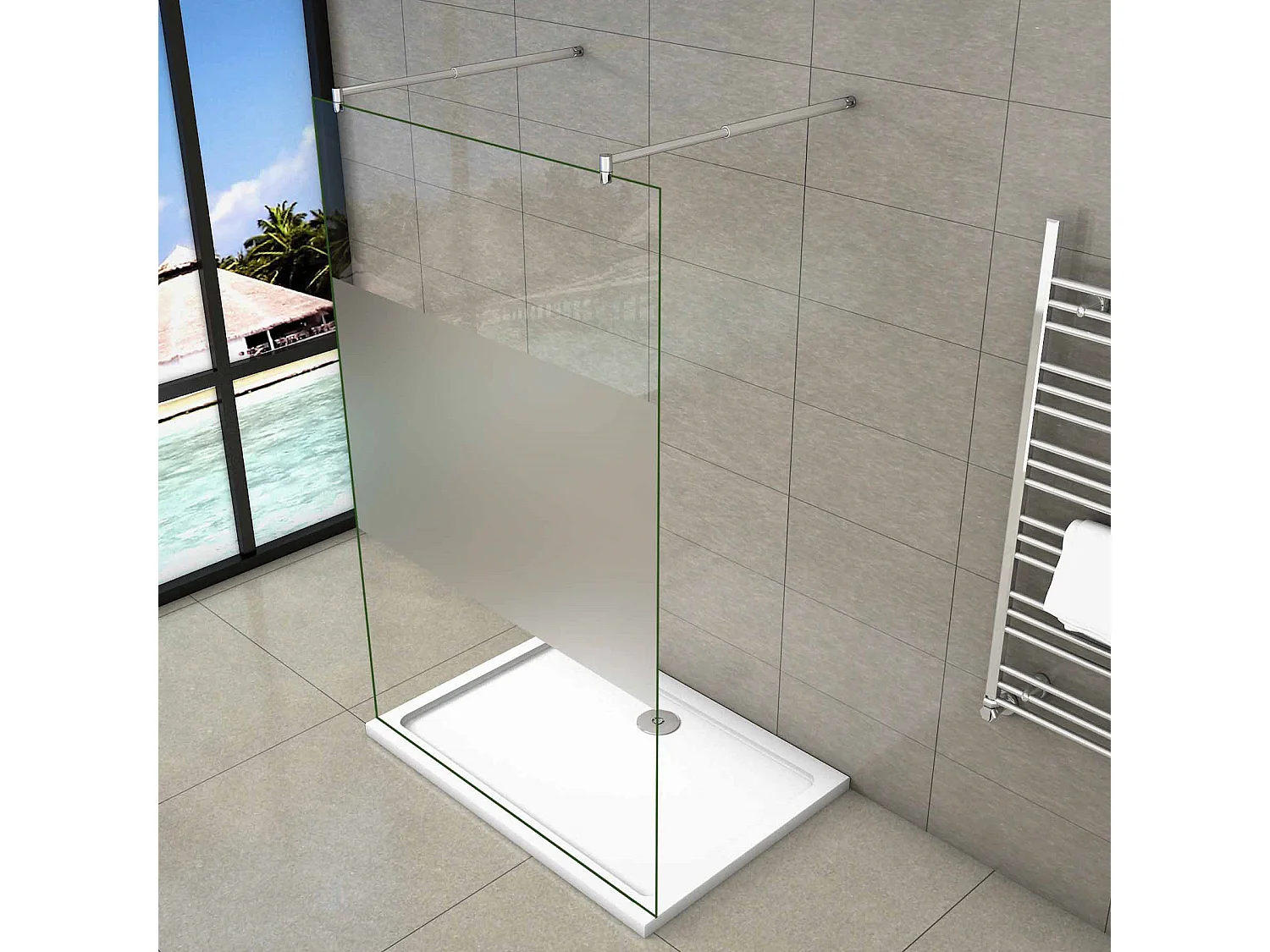 Walk In 8mm Nano ESG Milchglasstreifen Duschabtrennung + 70-120cm Stabilisatorx2 67.7x200cm