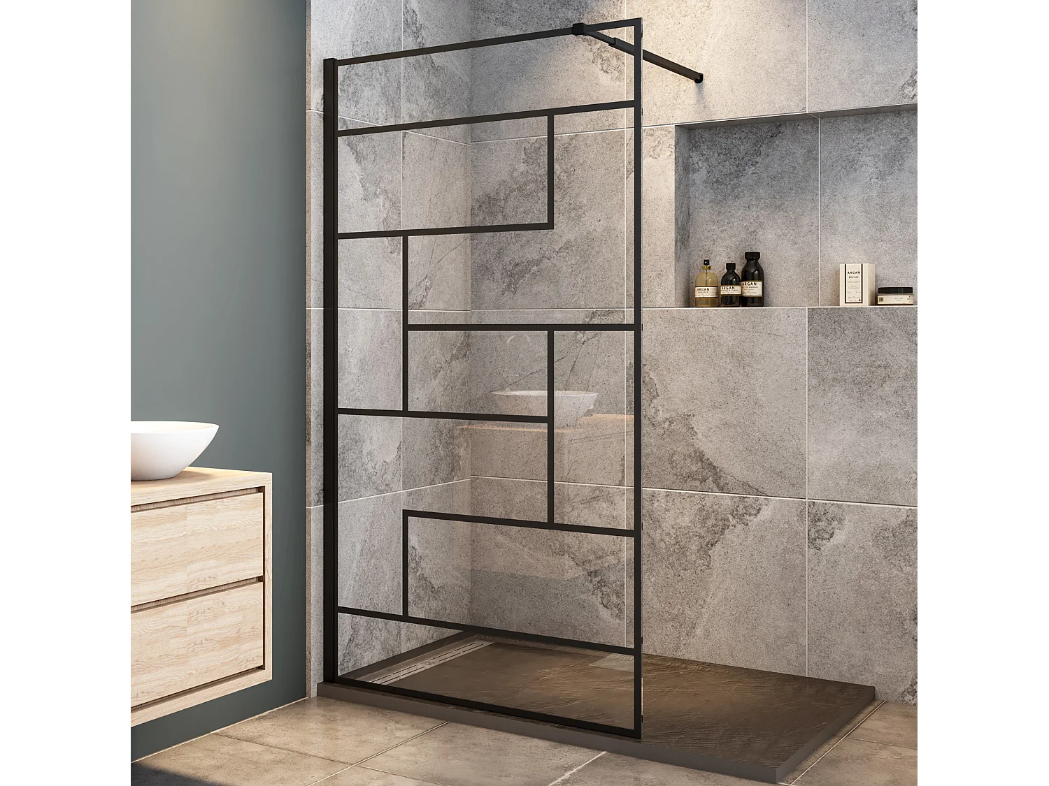 Schwarze unregelmäßige FormDuschabtrennung 8mm Nano ESG Duschwand Duschabtrennung + 73-120cm Stabilisator 70x200cm