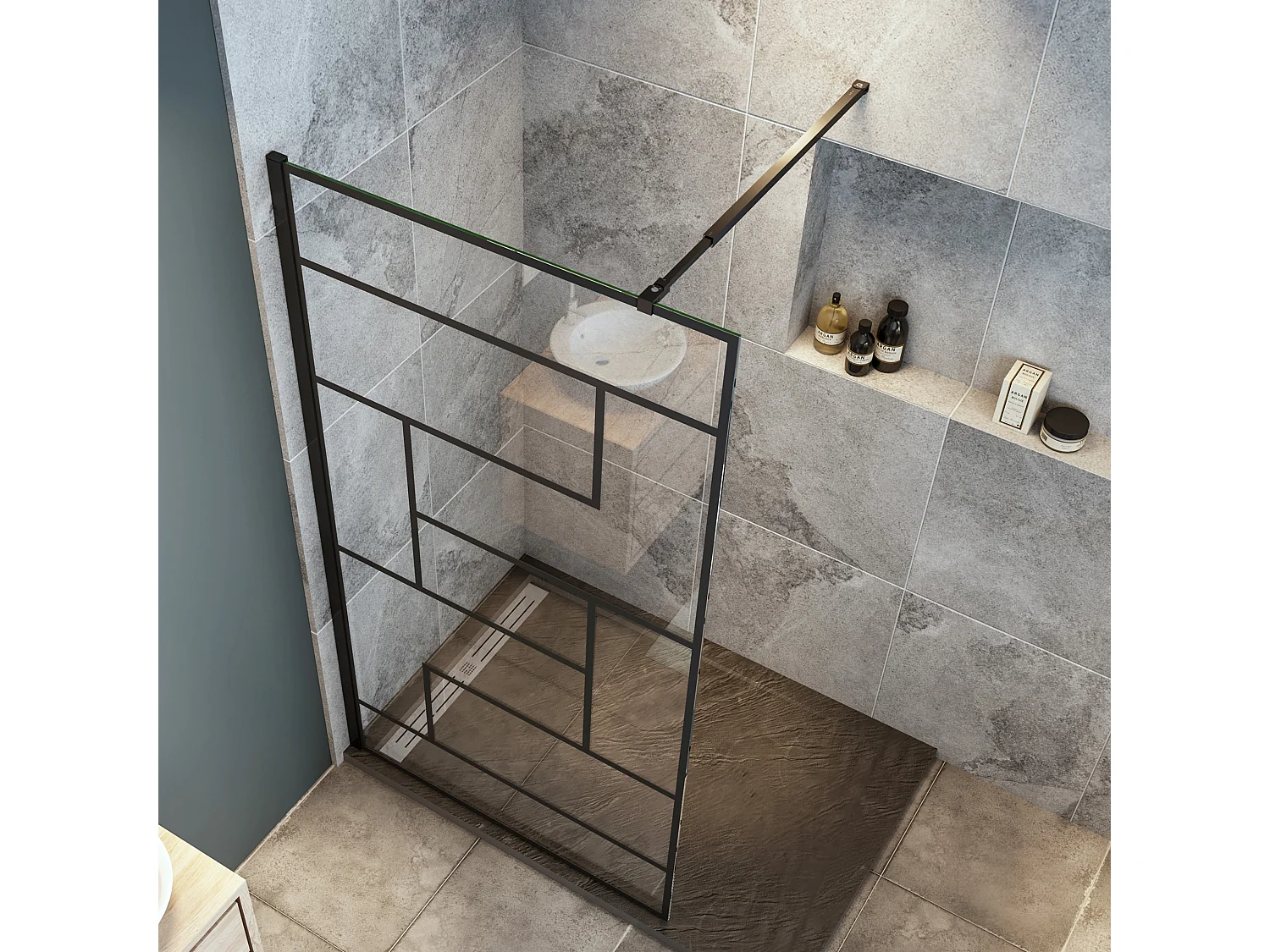 Schwarze unregelmäßige FormDuschabtrennung 8mm Nano ESG Duschwand Duschabtrennung + 73-120cm Stabilisator 70x200cm