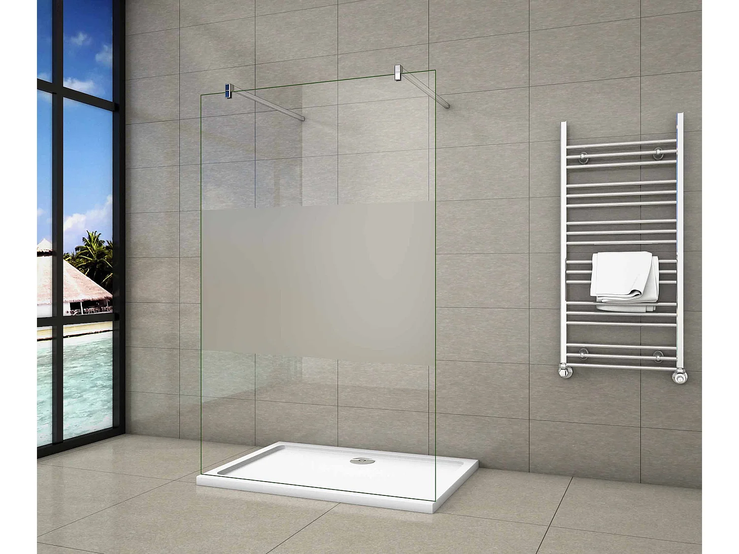 Walk In 8mm Nano ESG Milchglasstreifen Duschabtrennung + F Form:140cm Stabilisatorx2 87.7x200cm