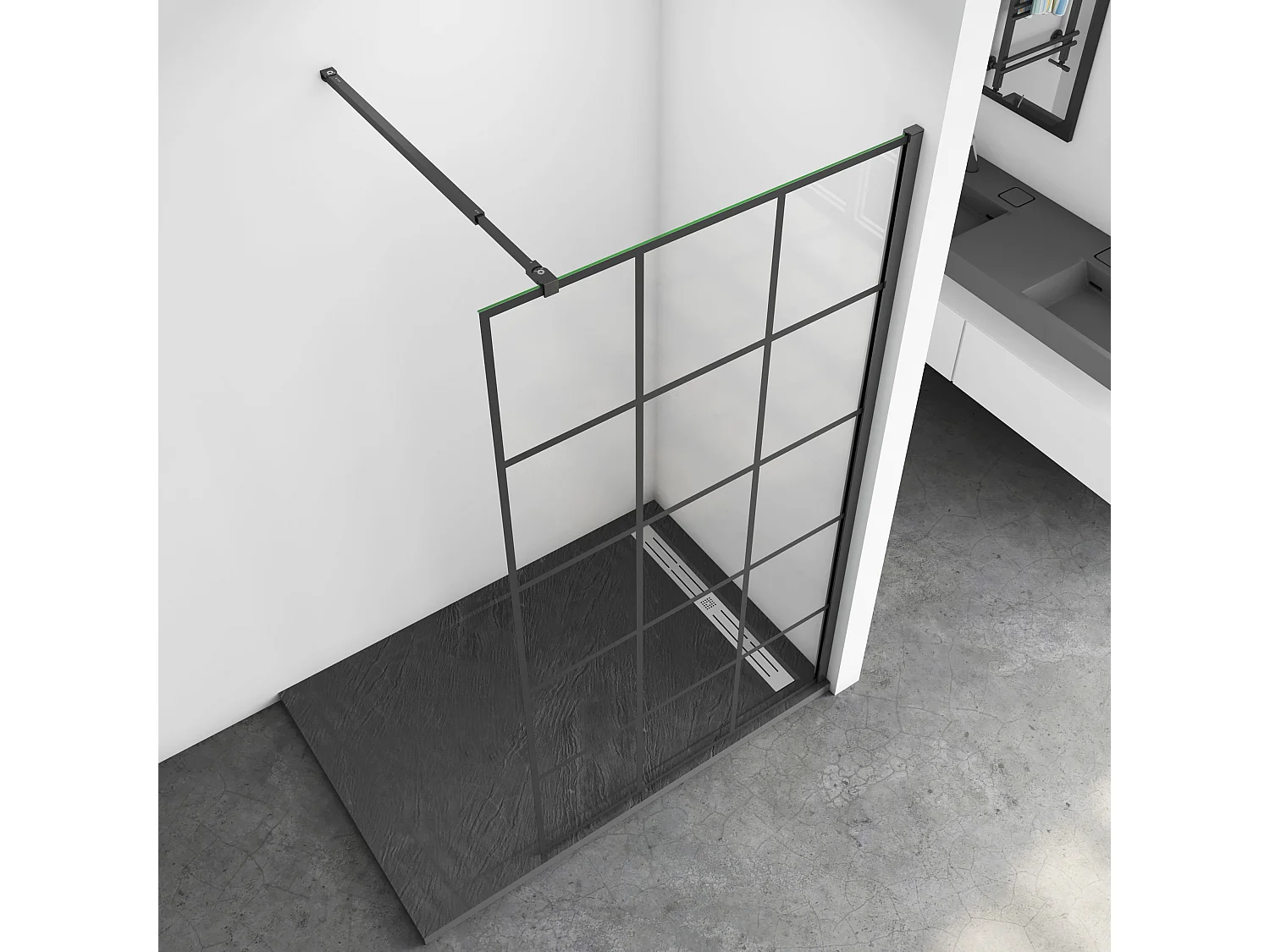 Schwarze Gittermuster FormDuschabtrennung 8mm Nano ESG Duschwand Duschabtrennung + 73-120cm Stabilisator 100x200cm