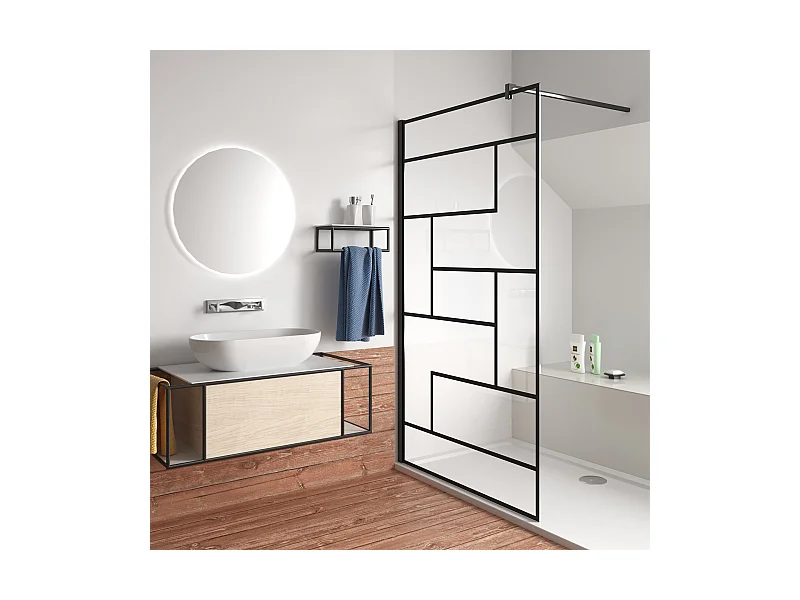 Schwarze unregelmäßige FormDuschabtrennung 8mm Nano ESG Duschwand Duschabtrennung + F Form:90cm Stabilisator 100x200cm