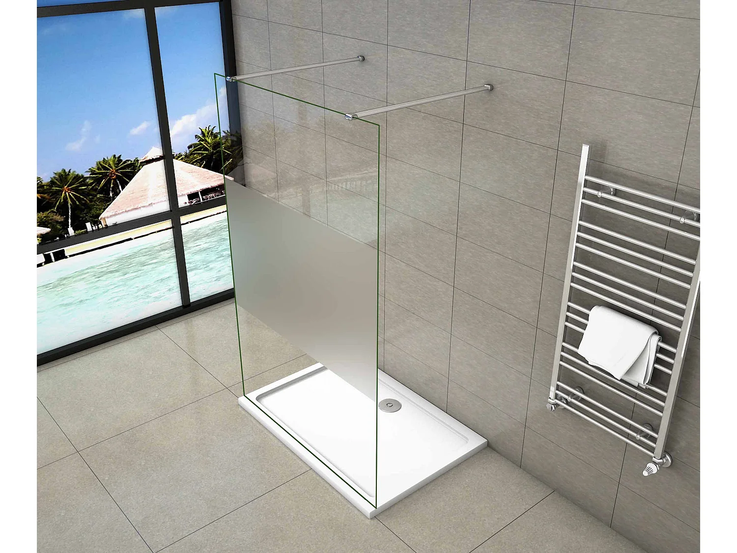 Walk In 8mm Nano ESG Milchglasstreifen Duschabtrennung + N Form：90cm Stabilisatorx2 117.7x200cm