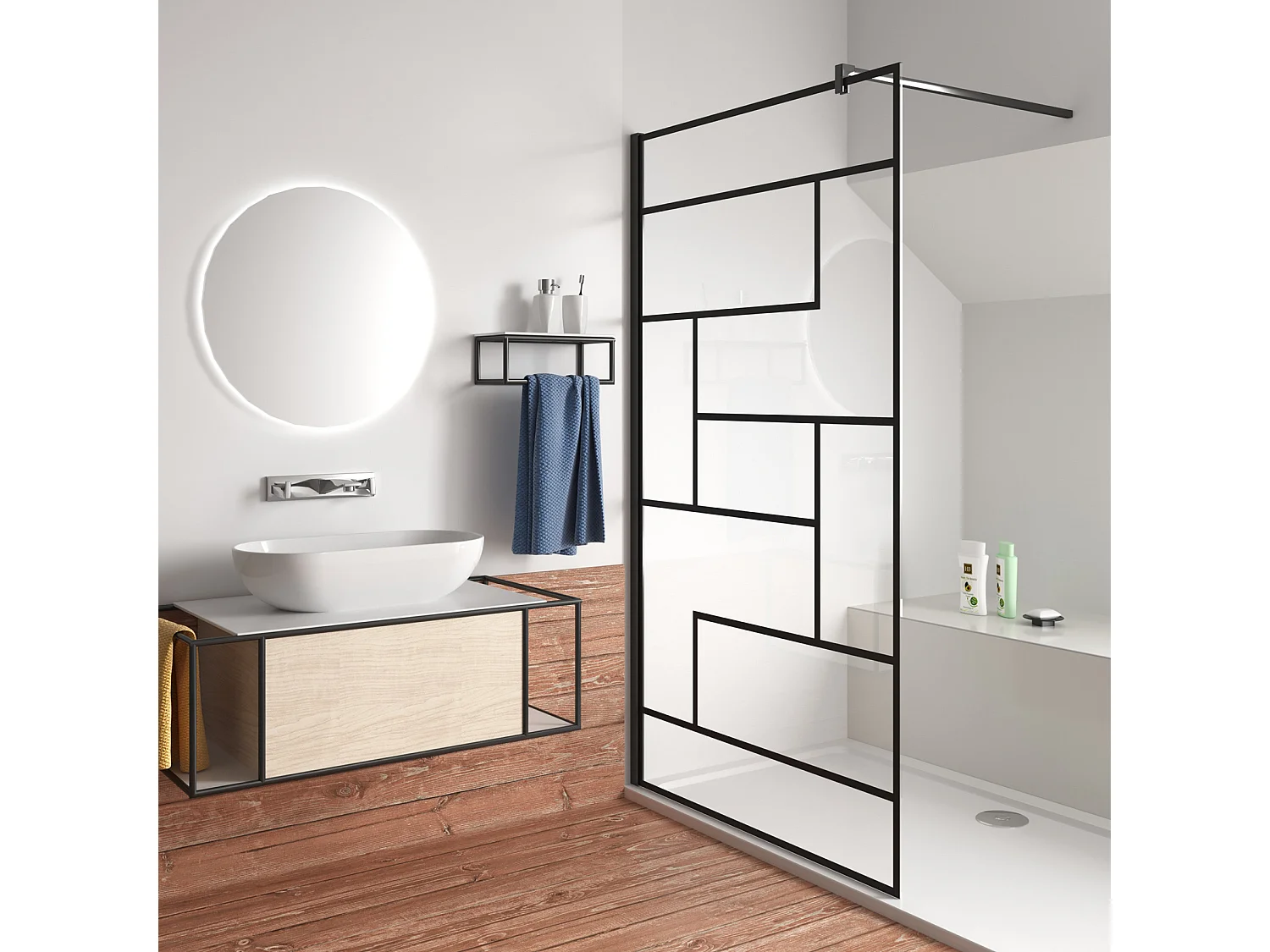 Schwarze unregelmäßige FormDuschabtrennung 8mm Nano ESG Duschwand Duschabtrennung + F Form:140cm Stabilisator 70x200cm