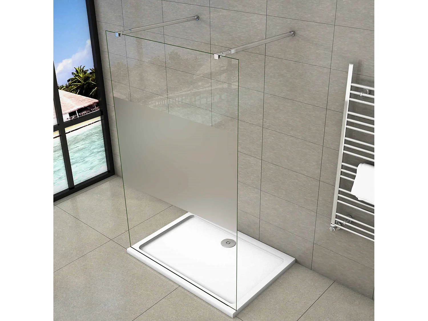 Walk In 10mm Nano ESG Milchglasstreifen Duschabtrennung + 73-120cm Stabilisatorx2 107.7x200cm