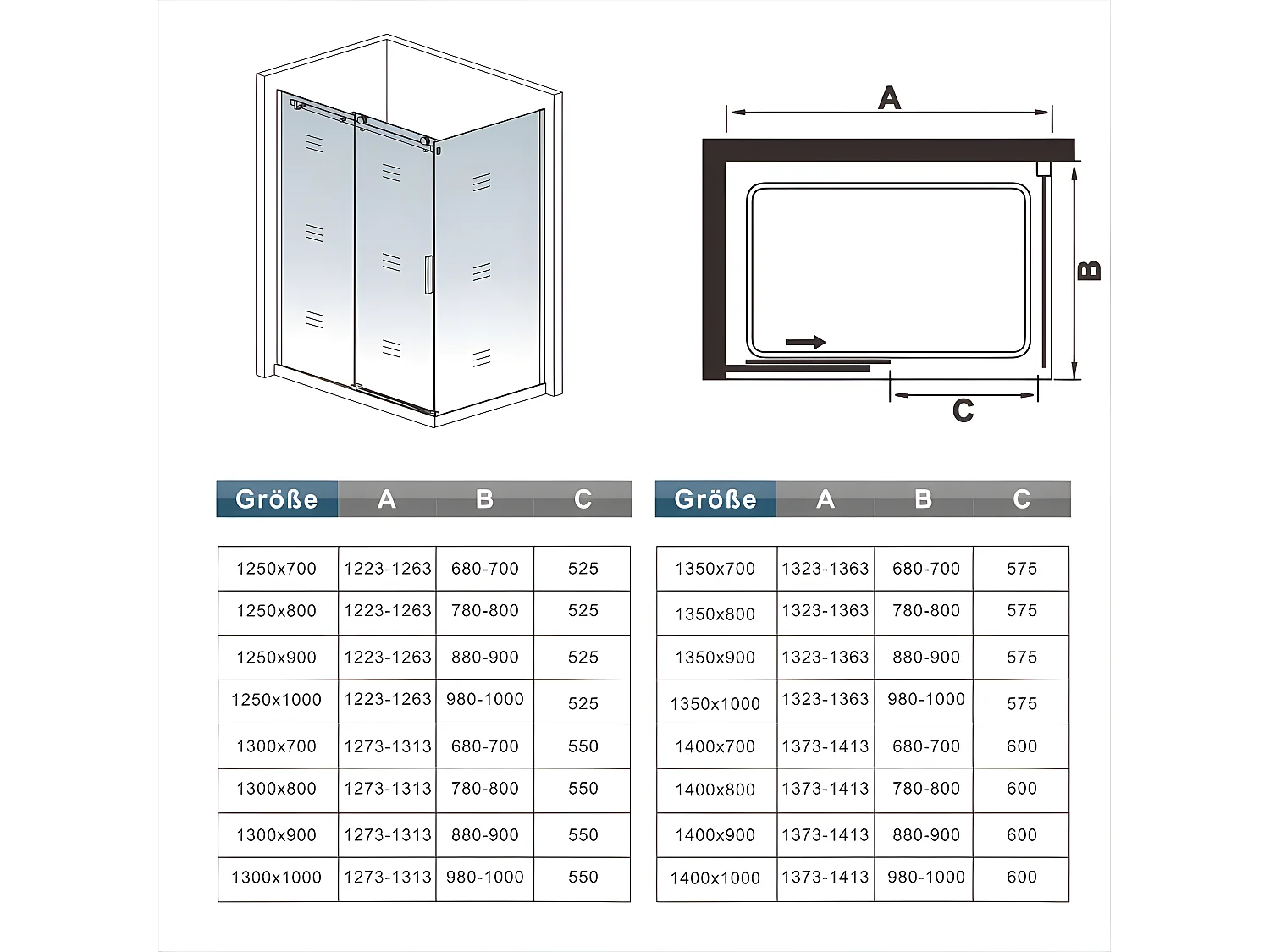 6mm Sicherheitsklarglas Nischentür Schiebetür Gleittür Dusche Duschabtrennung Duschkabine 100X125cm