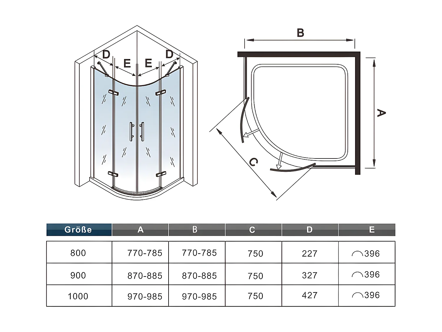 Duschkabine Runddusche Viertelkreis 6mm ESG NANO Glas mit Duschtasse Duschtür 90x90x195cm