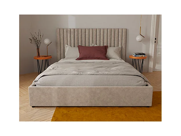 Lit coffre 120 x 190 cm avec tête de lit coutures verticales - Tissu - Taupe + Matelas - SARAH